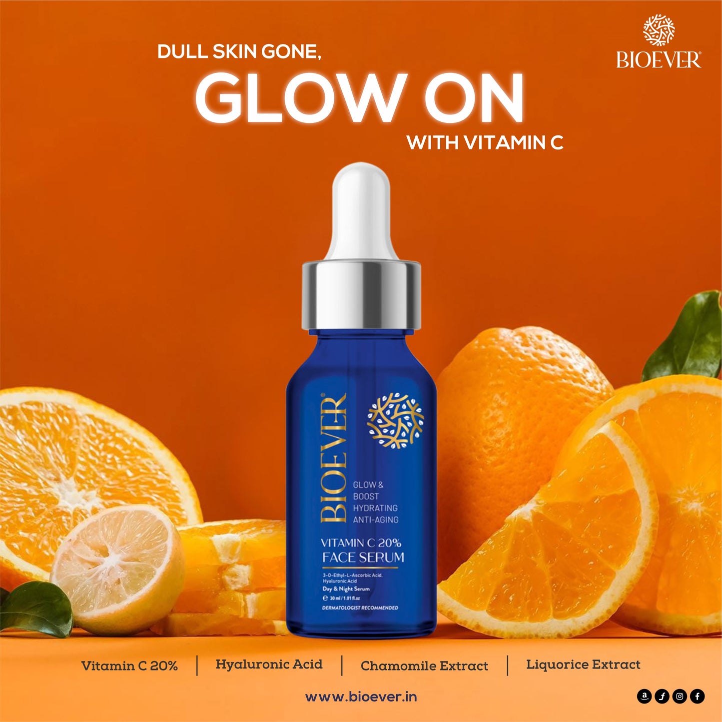 INCREASES COLLAGEN PRODUCTION SOFT & SMOOTH SKIN DIMINISHES AGE SPORT IMPROVES SKIN TON BRIGHTER, HEALTHER Bioever Glow and Boost Hydrating Anti Ageing Face Serum, Vitamin C (30 ml)
