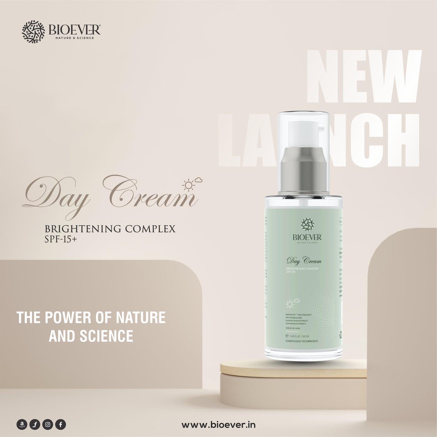 Bioever Brightening Day Cream for Daily Use I Day Protection SPF 15-50ml | for Dark Spots,Hyperpigmentation ,Uneven Skin Tone | All skin types | Sepiwhite MSH,Kakadu Plum Extract ,Kojic acid , Chamomile Ext.