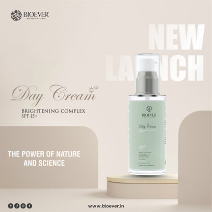 Bioever Brightening Day Cream for Daily Use I Day Protection SPF 15-50ml | for Dark Spots,Hyperpigmentation ,Uneven Skin Tone | All skin types | Sepiwhite MSH,Kakadu Plum Extract ,Kojic acid , Chamomile Ext.