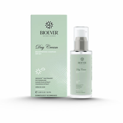 Bioever Brightening Day Cream for Daily Use I Day Protection SPF 15-50ml | for Dark Spots,Hyperpigmentation ,Uneven Skin Tone | All skin types | Sepiwhite MSH,Kakadu Plum Extract ,Kojic acid , Chamomile Ext.