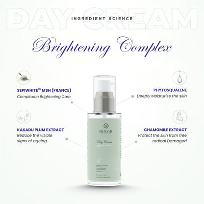 Bioever Brightening Day Cream for Daily Use I Day Protection SPF 15-50ml | for Dark Spots,Hyperpigmentation ,Uneven Skin Tone | All skin types | Sepiwhite MSH,Kakadu Plum Extract ,Kojic acid , Chamomile Ext.