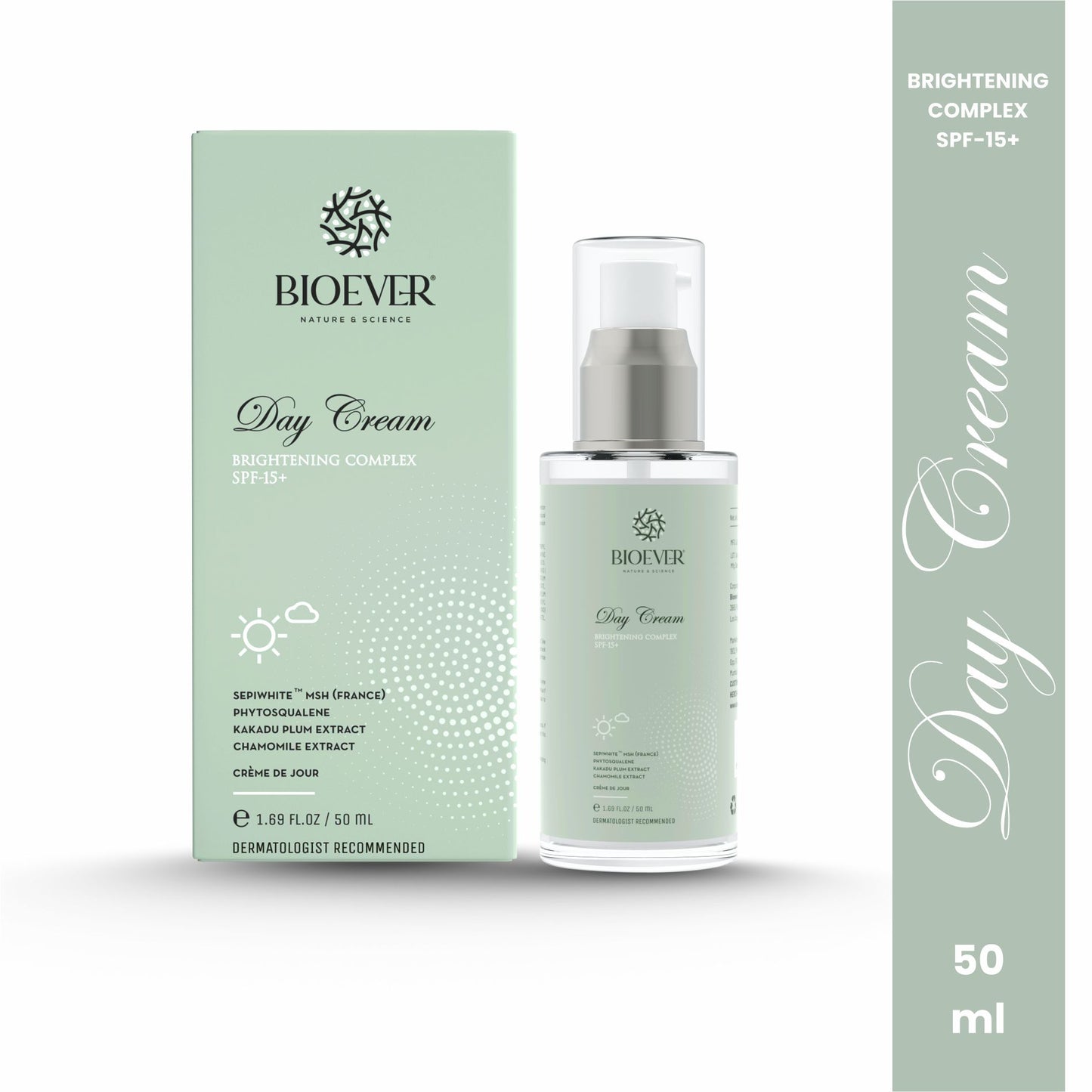 Bioever Brightening Day Cream for Daily Use I Day Protection SPF 15-50ml | for Dark Spots,Hyperpigmentation ,Uneven Skin Tone | All skin types | Sepiwhite MSH,Kakadu Plum Extract ,Kojic acid , Chamomile Ext.