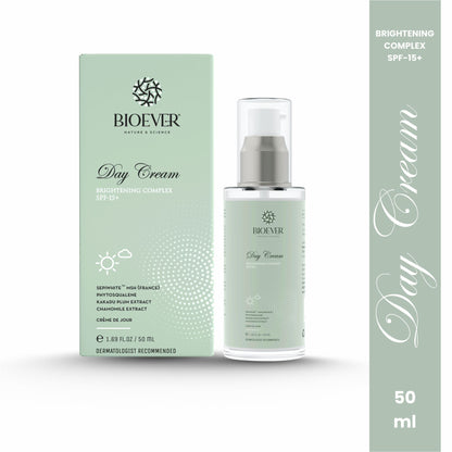Bioever Brightening Day Cream for Daily Use I Day Protection SPF 15-50ml | for Dark Spots,Hyperpigmentation ,Uneven Skin Tone | All skin types | Sepiwhite MSH,Kakadu Plum Extract ,Kojic acid , Chamomile Ext.