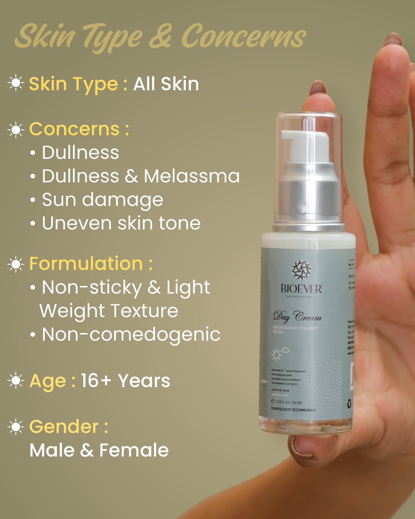 Day Cream for Glow & brightening Skin with Sepiwhite MSH, Vitamin-C, Kakadu Plum, Phytosqualene | Day Protection SPF 15-50ml