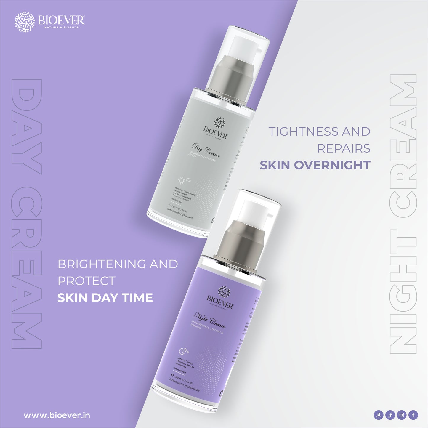 Bioever Brightening Day Cream for Daily Use I Day Protection SPF 15-50ml | for Dark Spots,Hyperpigmentation ,Uneven Skin Tone | All skin types | Sepiwhite MSH,Kakadu Plum Extract ,Kojic acid , Chamomile Ext.