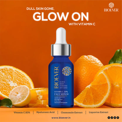Bioever 20% Vitamin C Serum with Hyaluronic Acid, Niacinamide, Liquorice Extract for Glowing Skin, Hyperpigmentation & Dull Skin - 30ml