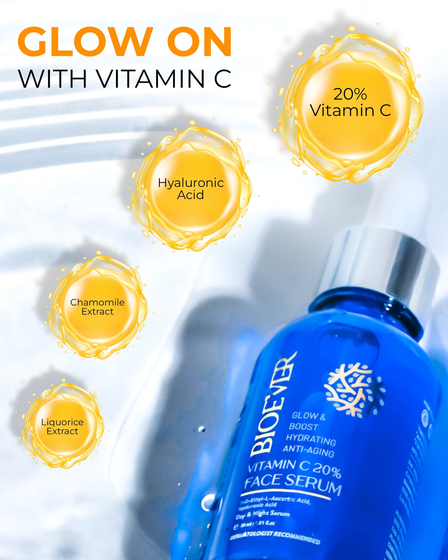 Bioever 20% Vitamin C Serum with Hyaluronic Acid, Niacinamide, Liquorice Extract for Glowing Skin, Hyperpigmentation & Dull Skin - 30ml