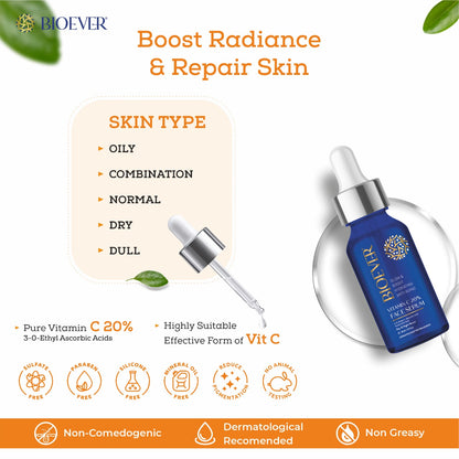 INCREASES COLLAGEN PRODUCTION             SOFT & SMOOTH SKIN  DIMINISHES AGE SPORT IMPROVES SKIN TON BRIGHTER, HEALTHER Bioever Glow and Boost Hydrating Anti Ageing Face Serum, Vitamin C (30 ml)