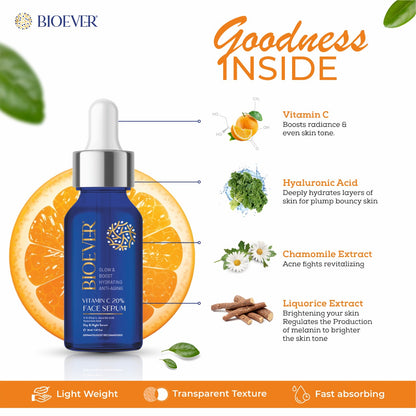 INCREASES COLLAGEN PRODUCTION             SOFT & SMOOTH SKIN  DIMINISHES AGE SPORT IMPROVES SKIN TON BRIGHTER, HEALTHER Bioever Glow and Boost Hydrating Anti Ageing Face Serum, Vitamin C (30 ml)
